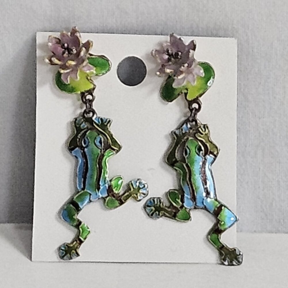 Vintage Enamel Frog Dangle Earrings Lotus Lily Pad Nature Statement Jewelry